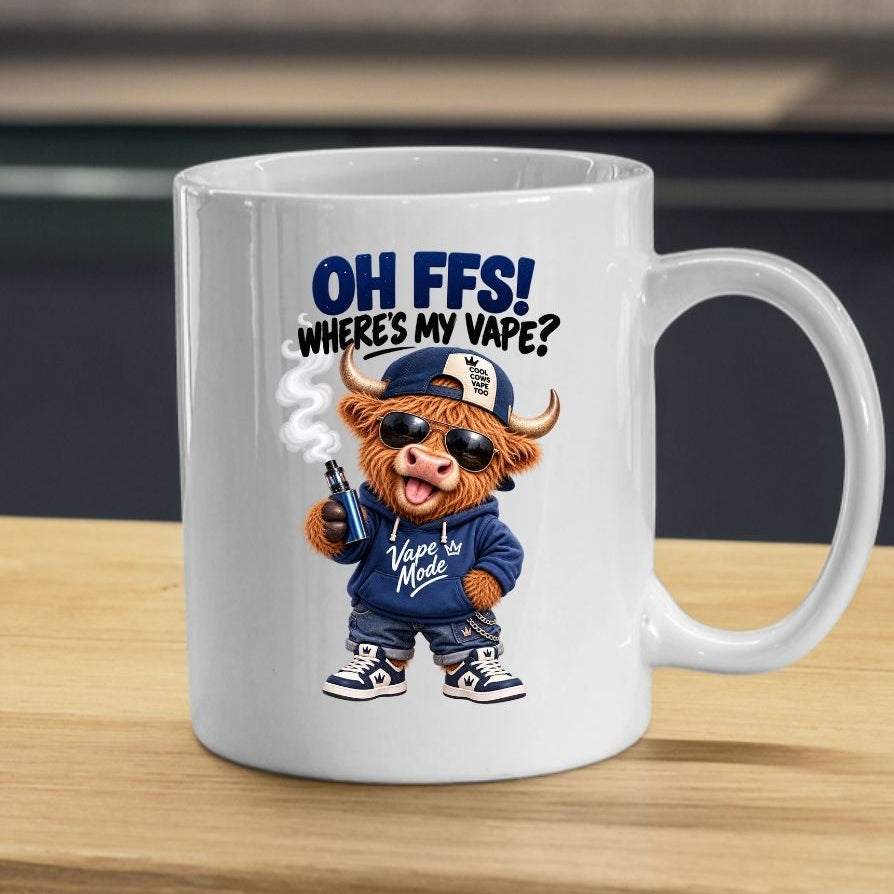 Funny Mug Highland Cow "Where's My V" Coffee Mug - Sarcastic Meme Animal Ceramic Tea Cup & Novelty Gift 350ml | Available in Multicolours | Fast Dispatch by UK Seller (M1205)