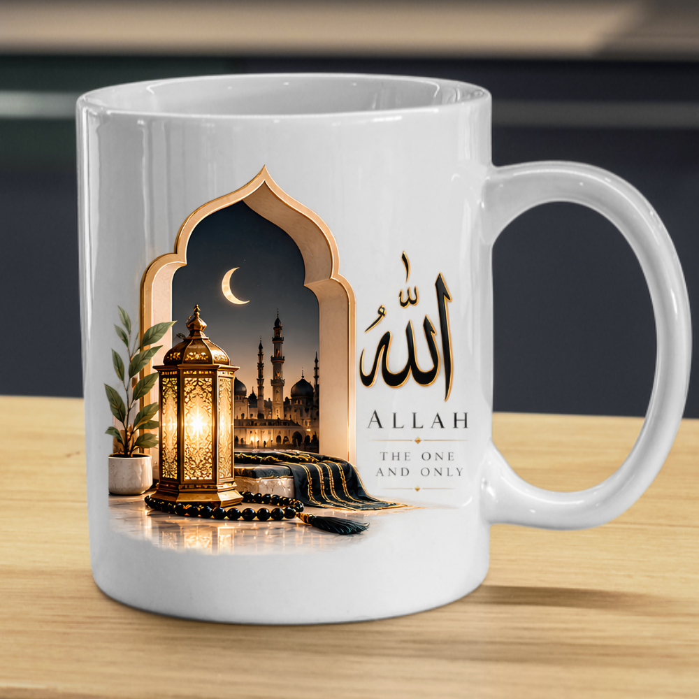 Islamic Mug "Allah The One And Only" Allah The One And Only 325ml Ceramic Coffee Mug – Elegant Arabic Calligraphy, Glowing Lantern & Mosque Archway Artwork | Islamic Spiritual Gift | Fast Dispatch by UK Seller (M3479)