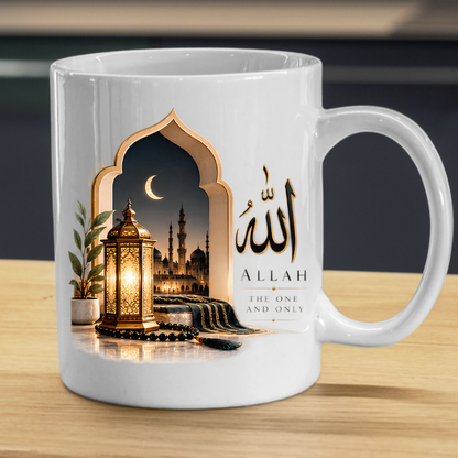 Islamic Mug "Allah The One And Only" Allah The One And Only 325ml Ceramic Coffee Mug – Elegant Arabic Calligraphy, Glowing Lantern & Mosque Archway Artwork | Islamic Spiritual Gift | Fast Dispatch by UK Seller (M3479)