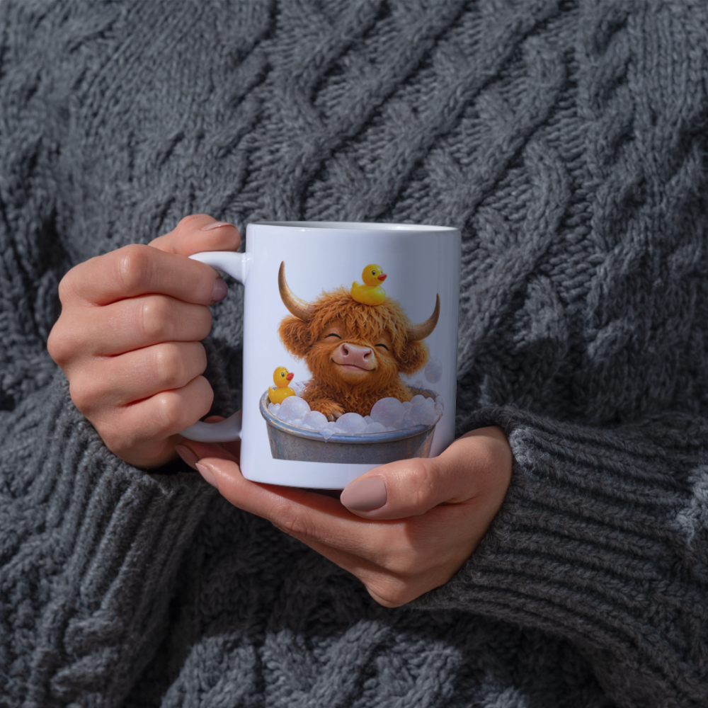 Cute Baby Highland Cow in Bubble Bath Coffee Mug - Rubber Duck Farm Animal Ceramic Tea Cup for Relaxation & Bath Time Gift (M1218)