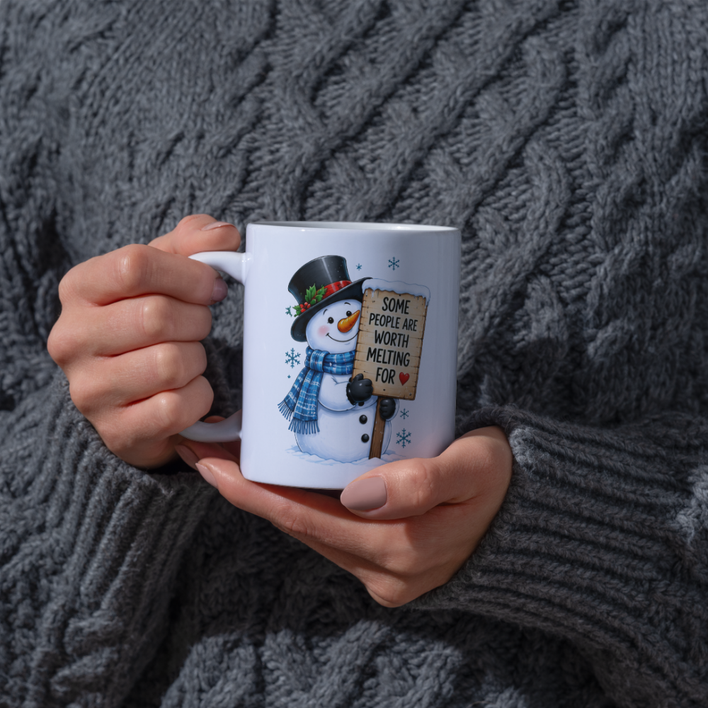 Heartwarming Mug "Some People Are Worth Melting For" Snowman Ceramic Coffee Mug – Cute Winter Holiday Tea Cup with Blue Scarf & Wooden Sign Quote Gift | Available in Multicolours | Fast Dispatch by UK Seller (M1233)