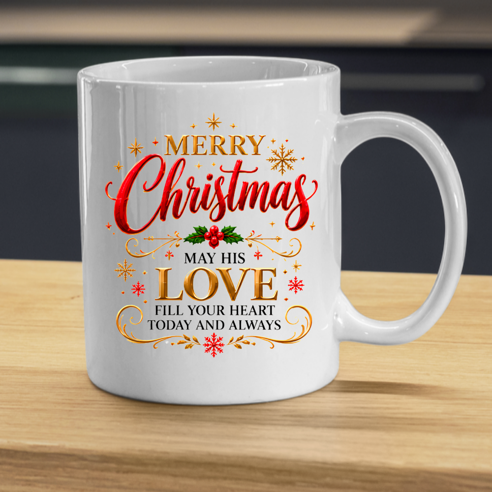 Christmas Mug "Merry Christmas May His Love Fill Your Heart" 325ml Ceramic Coffee Mug – Christian Holiday Blessing Mug With Holly Berries Gold Snowflakes Festive Gift | Available in Multicolours | Fast Dispatch by UK Seller (M3291)