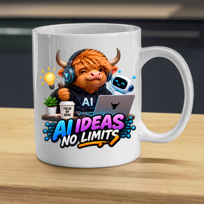 Tech Mug "AI Ideas No Limits Highland Cow" 325ml Ceramic Mug – Cute Highland Cow in Hoodie with Laptop, Headphones Little Robot Companion Modern Tech Gift For Developers AI Enthusiasts | Available in Multicolours | Fast Dispatch by UK Seller (M3228)
