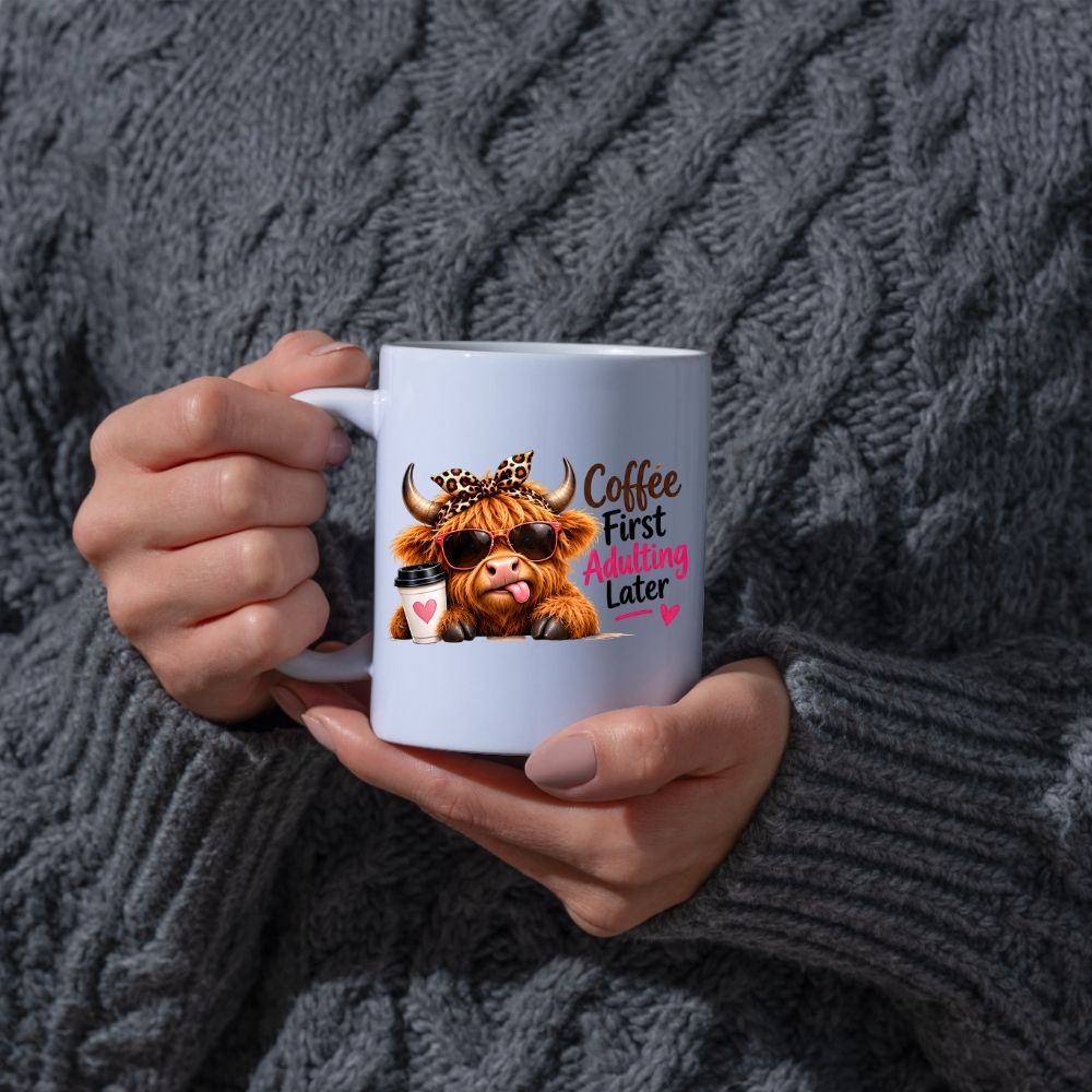 Humorous Mug "Coffee First Adulting Later" Highland Cow 325ml Ceramic Coffee Mug Cute Animal Tea Cup with Sunglasses, Leopard Bow & Coffee Cup Gift | Available in Multicolours | Fast Dispatch by UK Seller (M1276)
