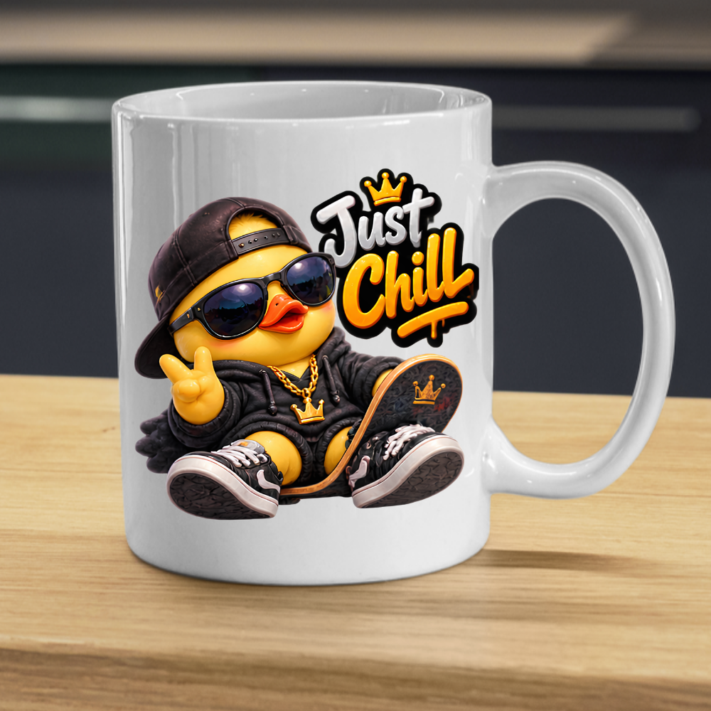 Skateboard Mug "Just Chill Cool Duck" Just Chill 325ml Ceramic Coffee Mug – Cool Skater Duck in Black Hoodie, Cap, Sunglasses & Gold Crown Chain With Skateboard Fun Gift For Skaters Friends | Available in Multicolours | Fast Dispatch by UK Seller (M3252)