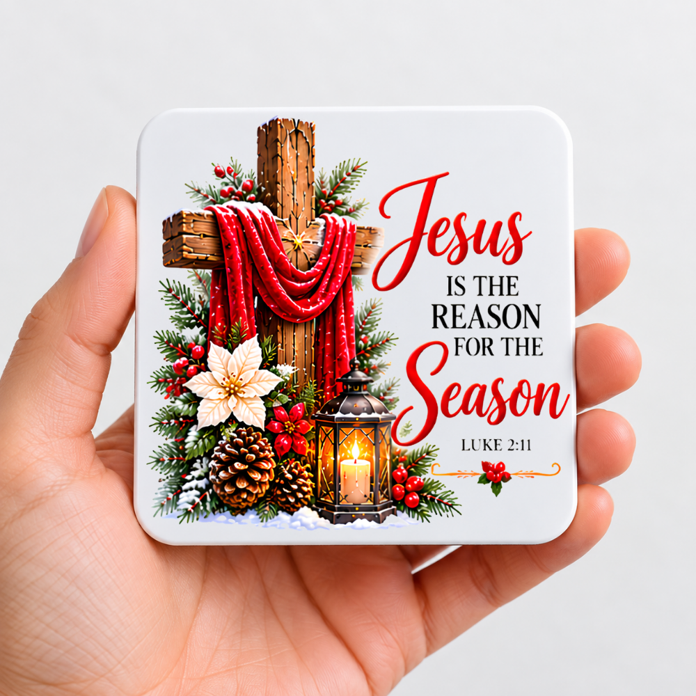 Inspirational Religious Hardboard Coaster "Jesus Is The Reason For The Season" Graphic 9cm x 9cm Square Drinks Coaster “ Rustic Wooden Cross with Red Cloth, Poinsettias & Candle Lantern Novelty Mat | Christian Gift | Fast Dispatch by UK Seller (C3033)