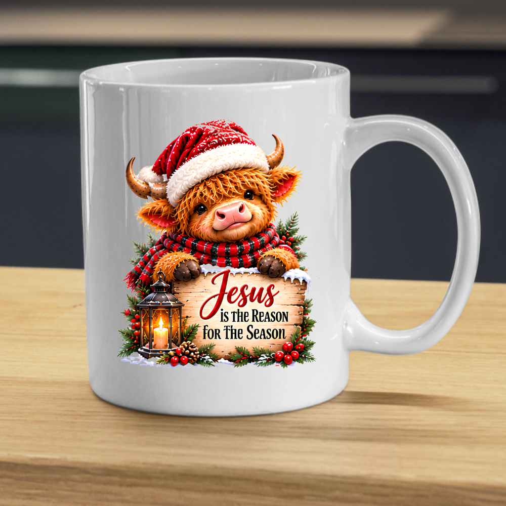 Religious Christmas Mug "Jesus Is The Reason For The Season" Highland Cow Jesus Is The Reason For The Season 325ml Ceramic Coffee Mug – Cute Highland Cow Santa Mug with Sign, Lantern & Berries | Festive Religious Gift | Fast Dispatch by UK Seller (M3351)