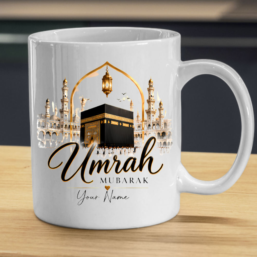 Personalised Umrah Mubarak Mug 325ml Ceramic Coffee Tea Cup – Custom Name, Golden Kaaba & Masjid Al-Haram Architecture Religious Pilgrimage Gift for Family, Friends, Hajj, Umrah Celebration – Fast Dispatch by UK Seller (M3484)