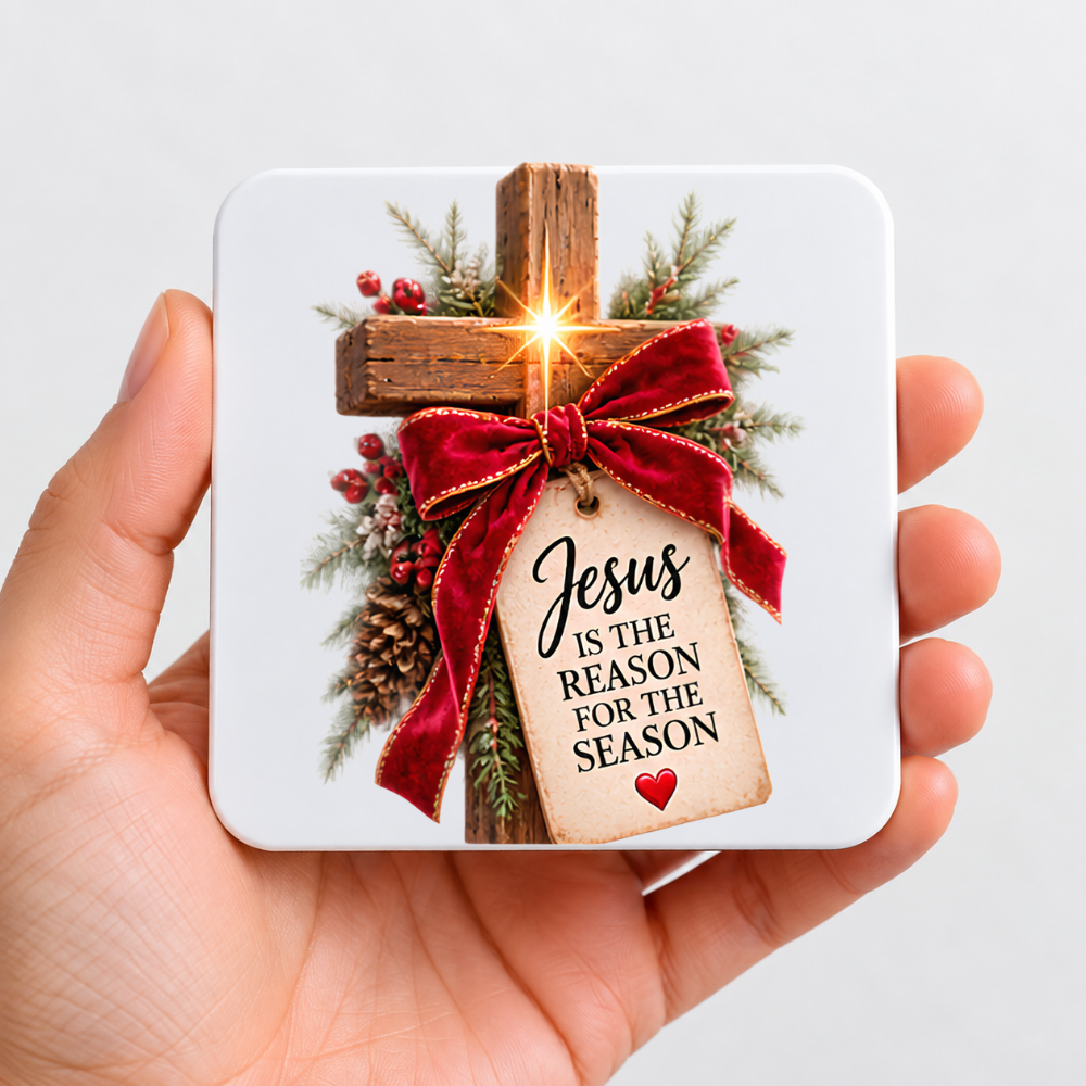 Inspirational Religious Hardboard Coaster "Jesus Is The Reason For The Season" Graphic 9cm x 9cm Square Drinks Coaster “Wooden Cross with Red Velvet Bow, Starburst & Scripture Tag Novelty Mat | Christian Glossy Gift | Fast Dispatch by UK Seller (C3045)