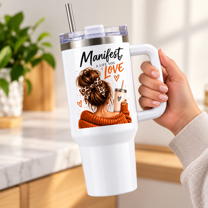 Inspirational Lifestyle Travel Tumbler "Manifest A Life You Love" Graphic 40oz Stainless Steel Insulated Travel Mug with Handle & Straw – Cozy Woman Messy Bun, Leopard Hair Bow, Terracotta Jumper & Iced Coffee Cup | Fast Dispatch by UK Seller (T3034)