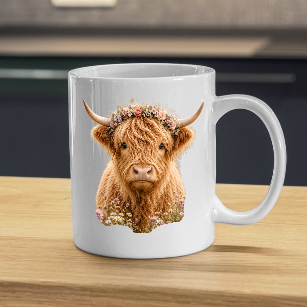 Floral Mug "Boho Highland Cow" Floral Crown Highland Cow 325ml Ceramic Coffee Mug Pretty Botanical Tea Cup with Pink Rose Flower Crown Graphic Gift | Available in Multicolours | Fast Dispatch by UK Seller (M3152)