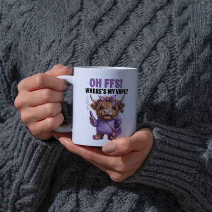 Funny Highland Cow "Where's My Vape" Coffee Mug - Sarcastic Meme Animal Ceramic Tea Cup for Vapers & Novelty Gift (M1205)