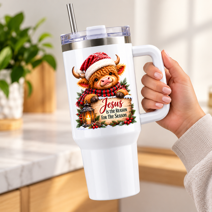 Inspirational Christmas Highland Cow Travel Tumbler "Jesus Is The Reason For The Season" Graphic 40oz Stainless Steel Insulated Travel Mug with Handle & Straw – Festive Calf, Santa Hat & Tartan Scarf Novelty Travel Cup | Fast Dispatch by UK Seller (T3007)