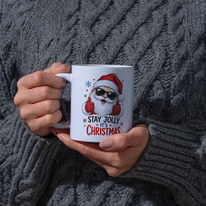 Cool Mug "Stay Jolly It's Christmas" Santa Ceramic Coffee Mug – Funny Holiday Tea Cup with Sunglasses & Thumbs Up Gift 350ml | Available in Multicolours | Fast Dispatch by UK Seller (M1235)