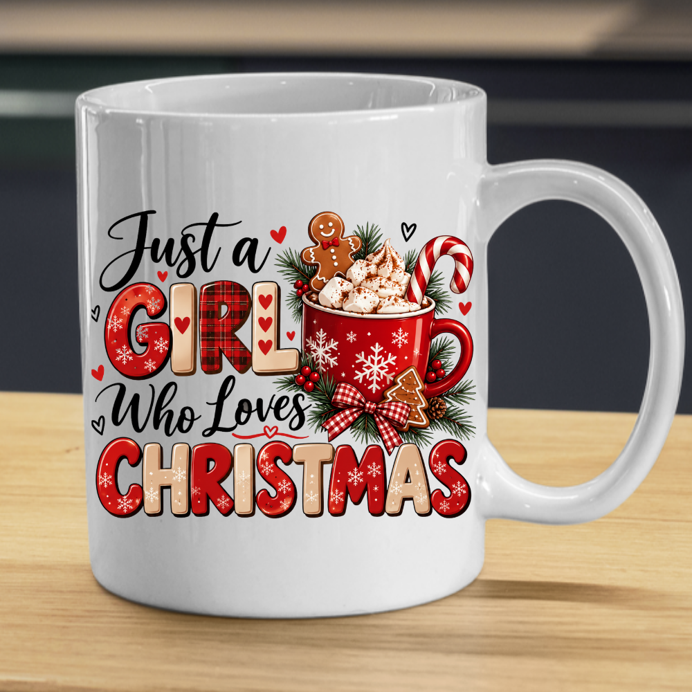 Christmas Mug "Just a Girl Who Loves Christmas" Festive Hot Chocolate Coffee Cup 350ml Ceramic, Cute Gingerbread Candy Cane Winter Gift for Her Mum Daughter Sister Girlfriend, Xmas Secret Santa Stocking Filler | Fast Dispatch by UK Seller (M1144)