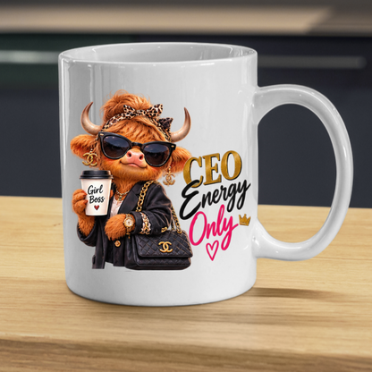 Boss Lady Mug "CEO Energy Only Highland Cow" CEO Energy Only Highland Cow 325ml Ceramic Coffee Mug – Glamorous Girl Boss Tea Cup with Sunglasses Leopard Headband Coffee Graphic Gift | Available in Multicolours | Fast Dispatch by UK Seller (M3194)