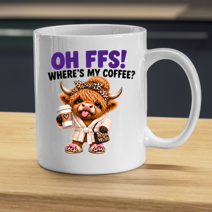 Highland Cow Coffee Mug "OH FFS! Where's My Coffee?" Oh Ffs! Where's My Coffee? 325ml Ceramic Coffee Mug – Cute Highland Cow in Bathrobe with Leopard Bow, Slippers & Coffee Cup | Funny Gift | Fast Dispatch by UK Seller (M3377)