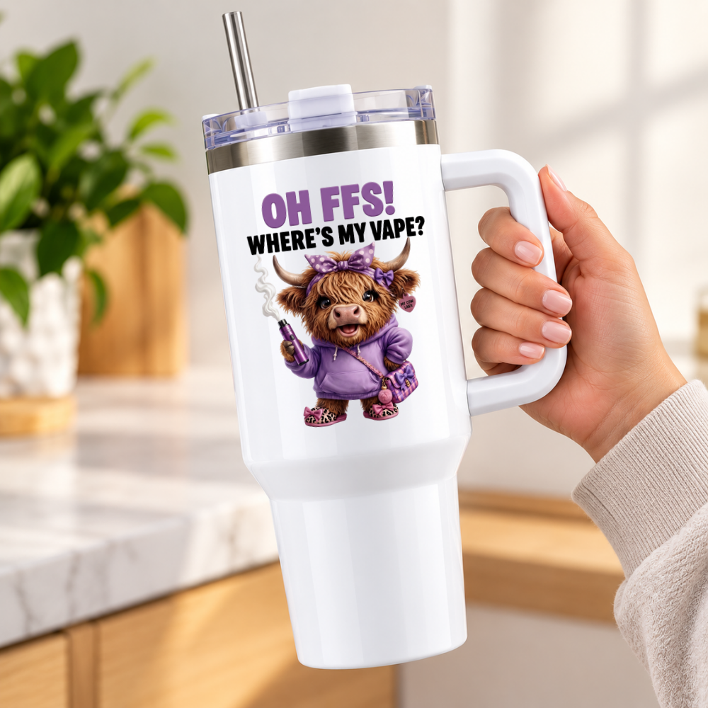 Funny Highland Cow 40oz Tumbler “OH FFS! Where’s My V?” – Boy & Girl Designs | Large White Reusable Travel Cup with Handle & Straw | Cheeky & Sarcastic Gift for Him, Her, Friends & Couples | Fast Dispatch by UK Seller (T1001)