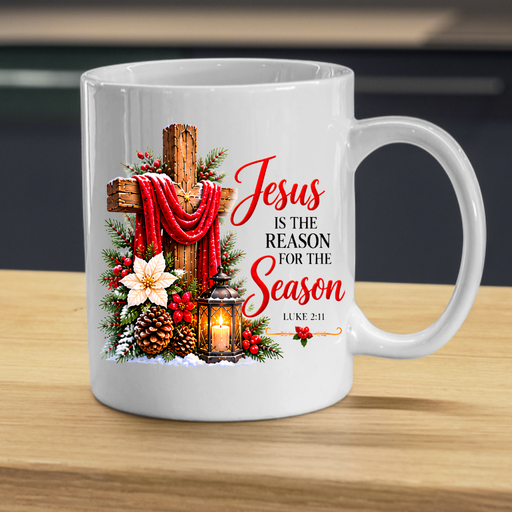 Religious Christmas Mug "Jesus Is The Reason For The Season" Jesus Is The Reason For The Season 325ml Ceramic Coffee Mug – Christian Christmas Cross Mug with Luke 2:11, Lantern & Poinsettia | Religious Holiday Gift | Fast Dispatch by UK Seller (M3337)
