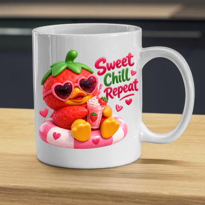 Summer Mug "Sweet Chill Repeat Strawberry Duck" 325ml Ceramic Coffee Mug – Cute Strawberry Duck in Heart Sunglasses on Pool Float With Milkshake Summer Gift For Friends Family | Available in Multicolours | Fast Dispatch by UK Seller (M3246)
