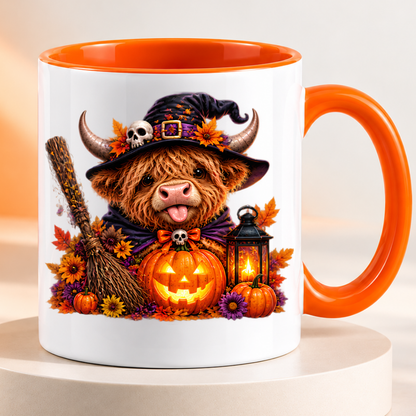 Halloween Mug "Cute Witch Highland Cow" Cute Witch Highland Cow 325ml Ceramic Coffee Mug – Halloween Autumn Tea Cup with Witch Hat, Jack-o Lantern Broom Lantern Autumn Leaves Graphic Gift | Available in Multicolours | Fast Dispatch by UK Seller (M3200)