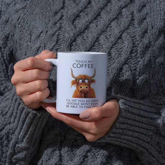 Funny Highland Cow "Touch My Coffee" Coffee Mug - Sarcastic Meme Animal Ceramic Tea Cup with Glasses & Funny Quote Gift (M1206)