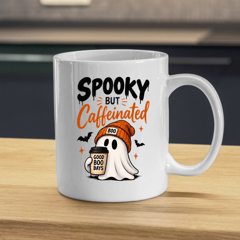 Halloween Mug "SPOOKY BUT Caffeinated" Cute Ghost 325ml Ceramic Coffee Mug – Novelty Autumn Beanie Ghost Tea Cup with Coffee Cup & Bats Graphic Gift | Available in Multicolours | Fast Dispatch by UK Seller (M3068)