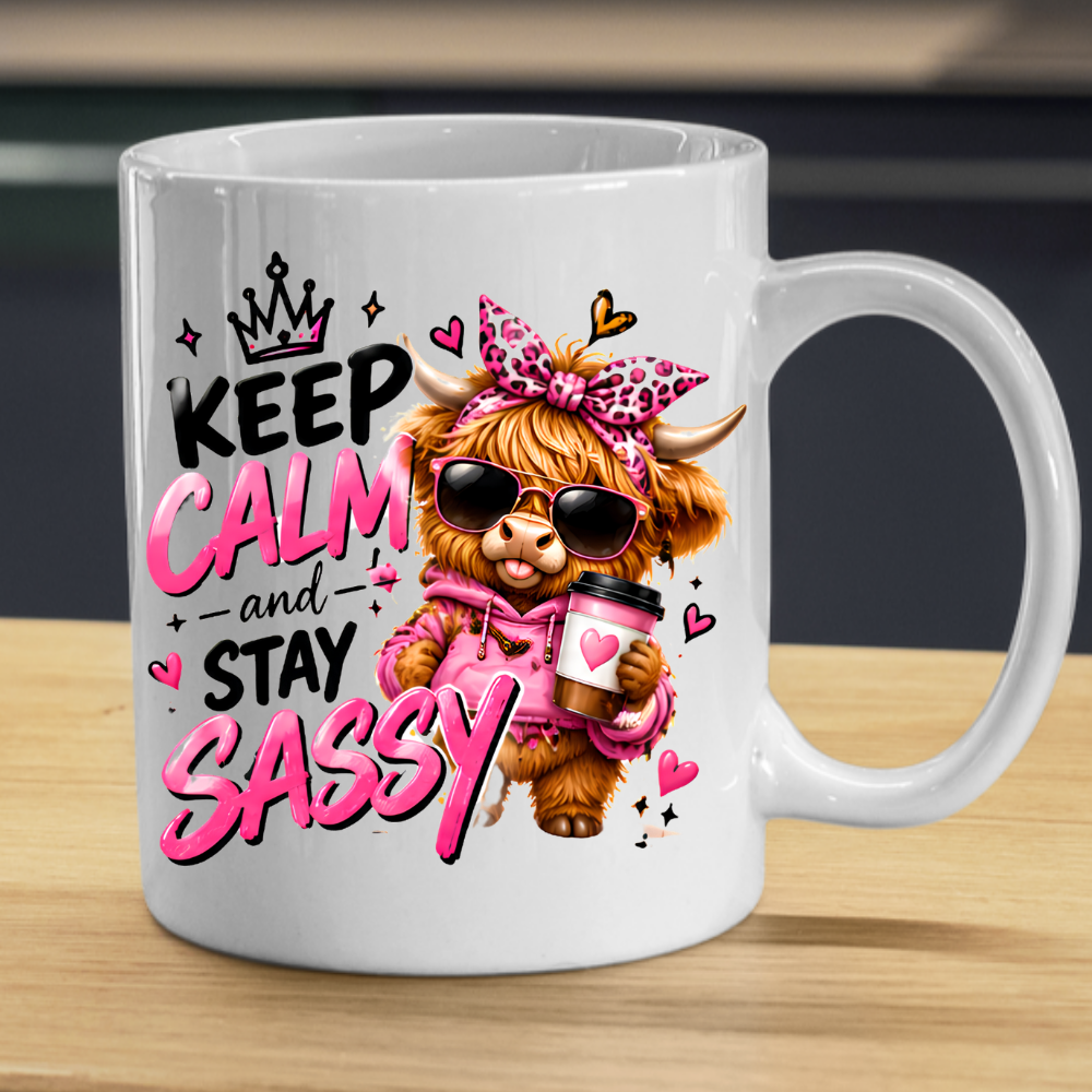 Highland Cow Mug "Keep Calm And Stay Sassy" 325ml Ceramic Coffee Tea Cup – Pink Leopard Bow, Hoodie, Coffee & Slogan Novelty Gift for Bestie, Women, Birthday – Fast Dispatch by UK Seller (M3503)