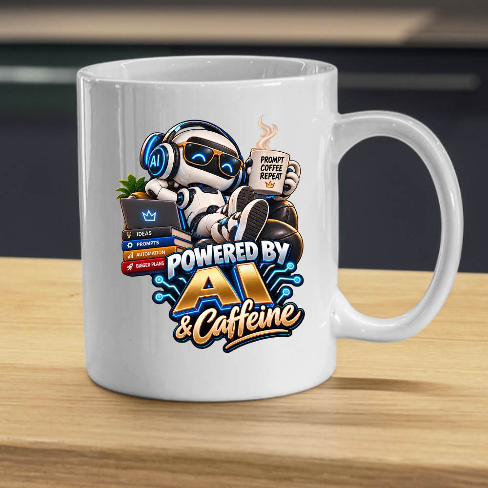 Tech Mug "Powered By AI & Caffeine" Powered By AI & Caffeine 325ml Ceramic Coffee Mug – Funny Robot Programmer Mug with Prompt Coffee Repeat & Tech Books | Gift for Techies | Fast Dispatch by UK Seller (M3323)