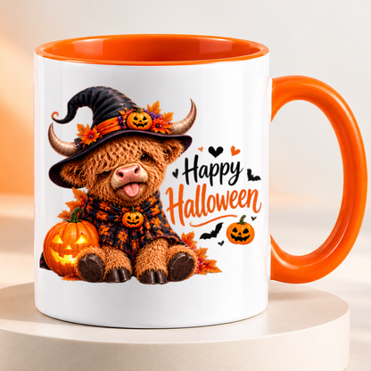 Halloween Mug "Highland Cow Witch Happy Halloween" Highland Cow Witch Happy Halloween 325ml Ceramic Coffee Mug–Cute Halloween Autumn Tea Cup Witch Hat Scarf Glowing Jack O Lanterns Fall Leaves Bats Graphic Gift | Fast Dispatch by UK Seller (M3216)