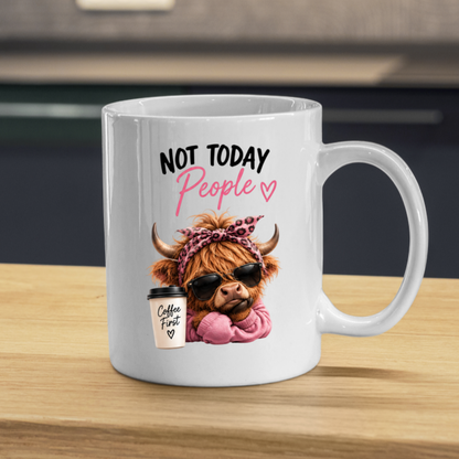Sassy Highland Cow Mug "Not Today People, Coffee First" Graphic 325ml Ceramic Coffee Cup – Highland Cow in Sunglasses, Pink Hoodie & Leopard Bandana Novelty Tea Cup | Sarcastic Gift for Her | Available in Multicolours | Fast Dispatch by UK Seller (M3134)