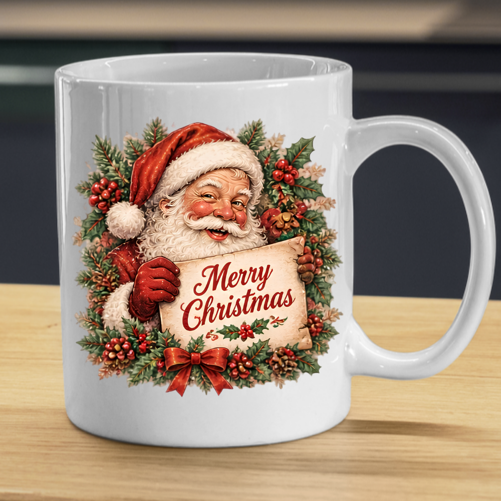 Vintage Santa Claus Christmas Scroll Mug "Merry Christmas" Vintage Santa Claus 325ml Ceramic Coffee Mug – Nostalgic Santa Claus holding Merry Christmas Scroll with Holly Wreath & Red Bow | Festive Holiday Gift | Fast Dispatch by UK Seller (M3414)