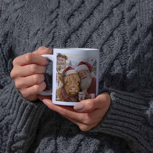 Festive Santa and Highland Cow Christmas Coffee Mug - Cozy Winter Holiday Ceramic Tea Cup with Plaid Scarf & Snow Scene Gift (M1214)