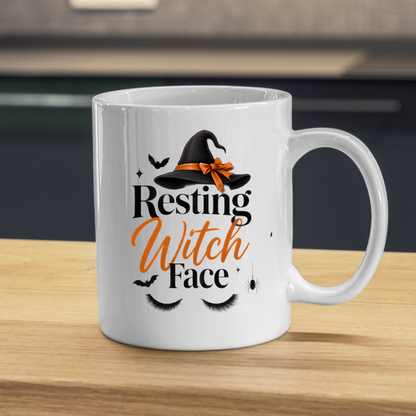 Halloween Mug "Resting Witch Face" Witch Hat 325ml Ceramic Coffee Mug – Sassy Eyelashes Tea Cup with Bow & Spider Graphic Gift | Available in Multicolours | Fast Dispatch by UK Seller (M3076)