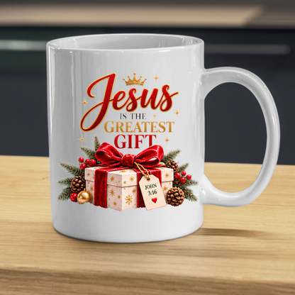 Christmas Mug "Jesus Is The Greatest Gift John 3:16" Jesus Is The Greatest Gift 325ml Ceramic Coffee Mug – Festive Christian Typography Mug With Gift Box Crown Holiday Gift | Available in Multicolours | Fast Dispatch by UK Seller (M3317)