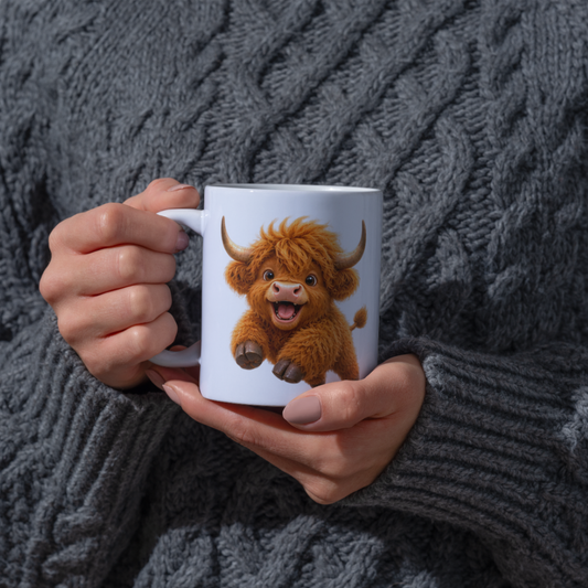 Joyful Jumping Baby Highland Cow Coffee Mug - Cute Playful Farm Animal Ceramic Tea Cup for Happy Morning & Animal Lover Gift (M1216)