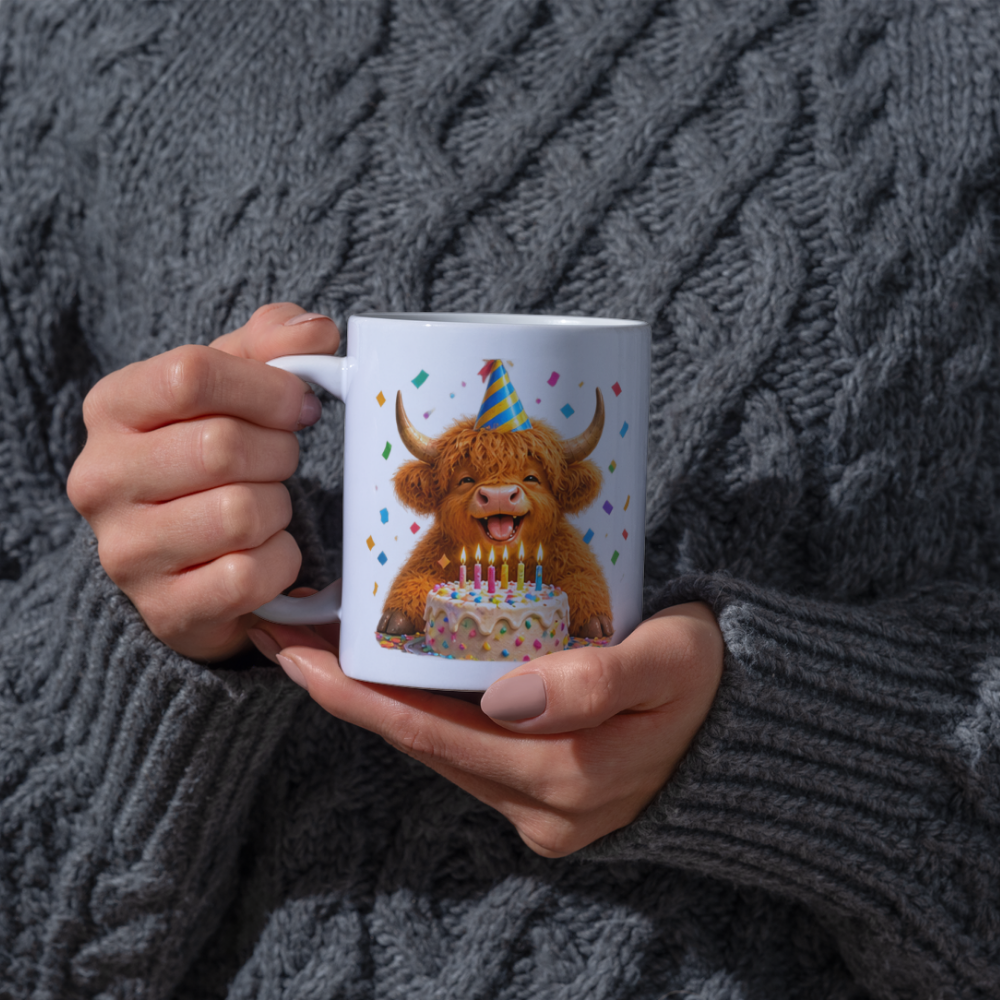 Festive Mug Birthday Highland Cow Ceramic Coffee Mug – Cute Celebration Farm Animal Party Hat & Cake Tea Cup Gift 350ml | Available in Multicolours | Fast Dispatch by UK Seller (M1229)