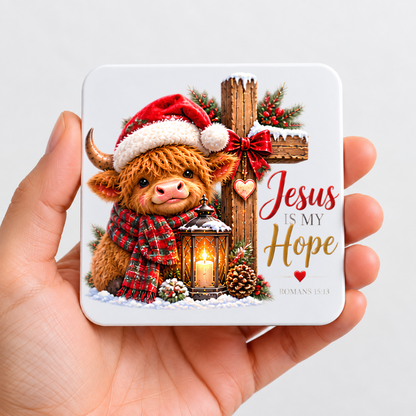 Festive Christian Christmas Coaster "Jesus Is My Hope Romans 15:13" Graphic Glossy Hardboard 9x9cm Drinks Mat – Highland Cow, Wooden Cross & Lantern Holiday Tableware Gift | Fast Dispatch by UK Seller (C3059)