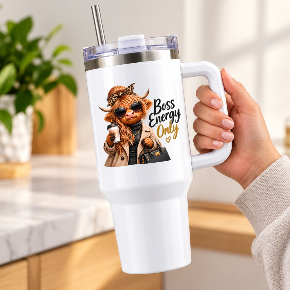 Sassy Highland Cow Travel Tumbler "Boss Energy Only" Graphic 40oz Stainless Steel Insulated Travel Mug with Handle & Straw – Fashion Cow in Trench Coat, Sunglasses, Handbag & Coffee Novelty Travel Cup | Fast Dispatch by UK Seller (T3020)