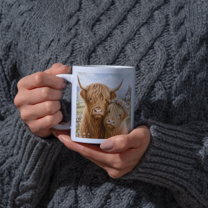 Cute Highland Cow Coffee Mug with Floral Crown - Fluffy Farmhouse Animal Ceramic Tea Cup for Cow Lovers & Rustic Kitchen Decor (M1201)