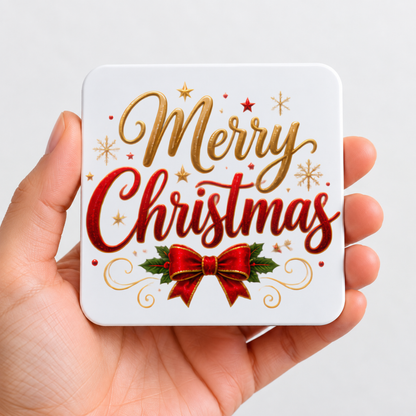 Festive Merry Christmas Hardboard Coaster Slogan Graphic 9cm x 9cm Square Drinks Coaster “Gold & Red Script Typography with Red Satin Bow a