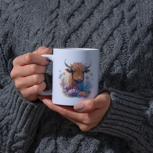 Watercolor Floral Highland Cow Coffee Mug - Peaceful Farm Animal Ceramic Tea Cup with Wildflowers & Rustic Spring Decor Gift (M1211)
