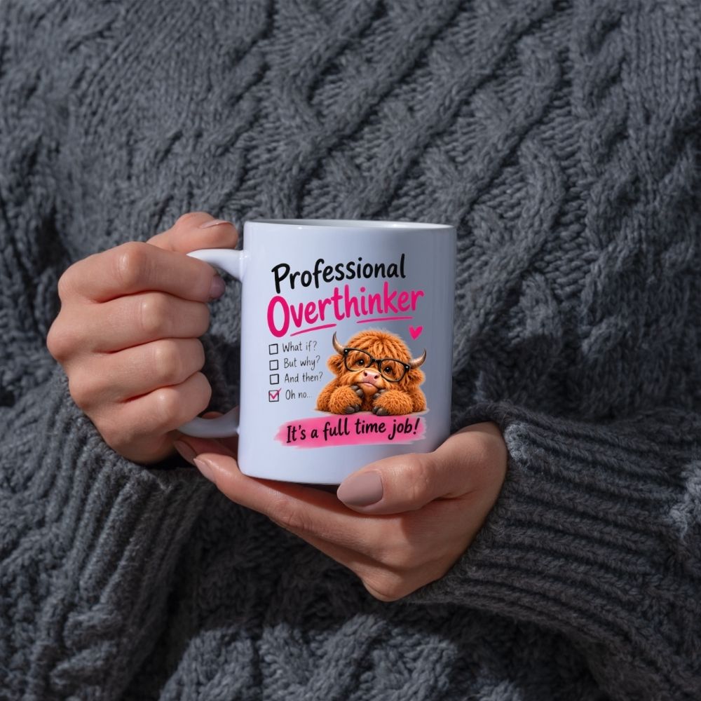Humorous Mug "Professional Overthinker" Highland Cow 325ml Ceramic Coffee Mug Funny Relatable Tea Cup with Glasses & Checklist Gift | Available in Multicolours | Fast Dispatch by UK Seller (M1289)