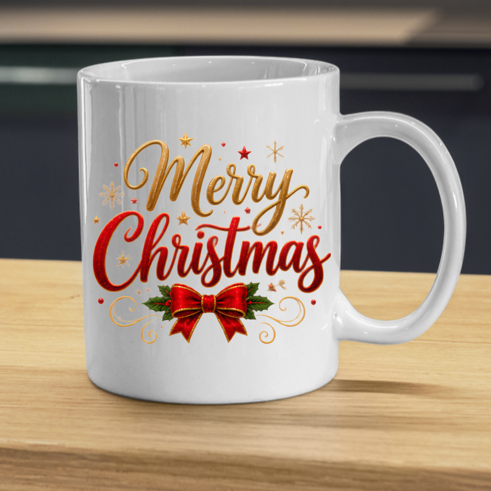 Christmas Mug "Merry Christmas Red Ribbon & Gold Stars" Merry Christmas 325ml Ceramic Coffee Mug – Festive Typography Mug with Red Bow, Holly Gold Stars Holiday Gift | Available in Multicolours | Fast Dispatch by UK Seller (M3311)