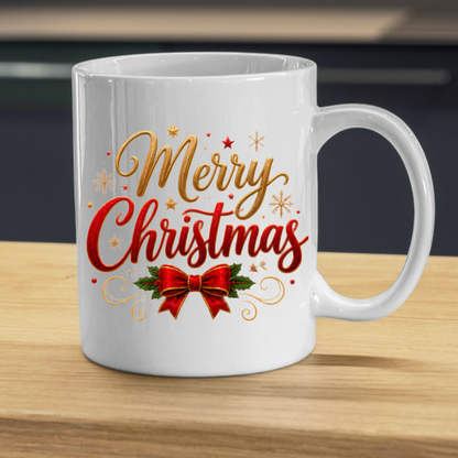 Christmas Mug "Merry Christmas Red Ribbon & Gold Stars" Merry Christmas 325ml Ceramic Coffee Mug – Festive Typography Mug with Red Bow, Holly Gold Stars Holiday Gift | Available in Multicolours | Fast Dispatch by UK Seller (M3311)