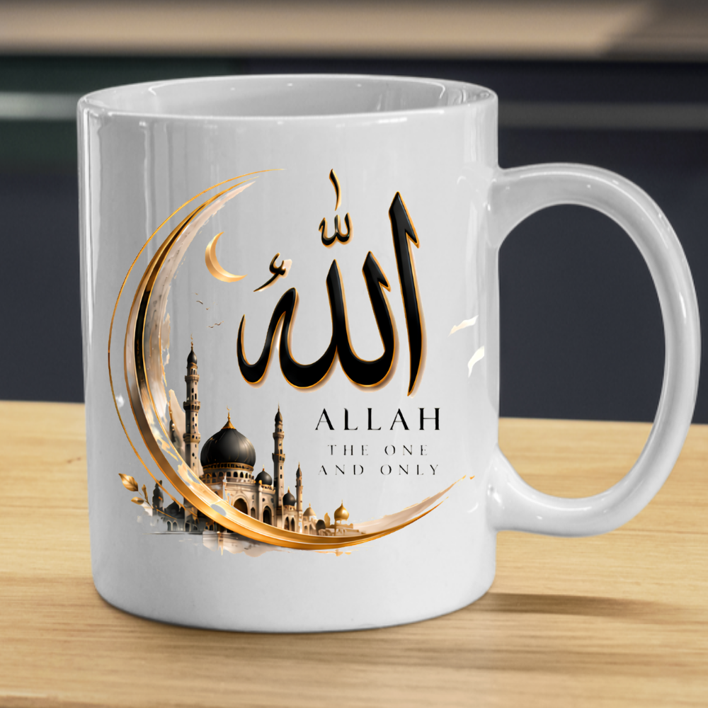 Islamic Mug "Allah The One And Only" Allah The One And Only 325ml Ceramic Coffee Mug – Elegant Arabic Calligraphy & Golden Crescent Moon Mosque Artwork | Islamic Spiritual Gift | Fast Dispatch by UK Seller (M3472)