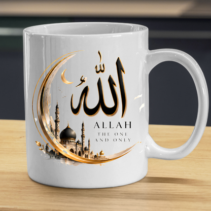 Islamic Mug "Allah The One And Only" Allah The One And Only 325ml Ceramic Coffee Mug – Elegant Arabic Calligraphy & Golden Crescent Moon Mosque Artwork | Islamic Spiritual Gift | Fast Dispatch by UK Seller (M3472)