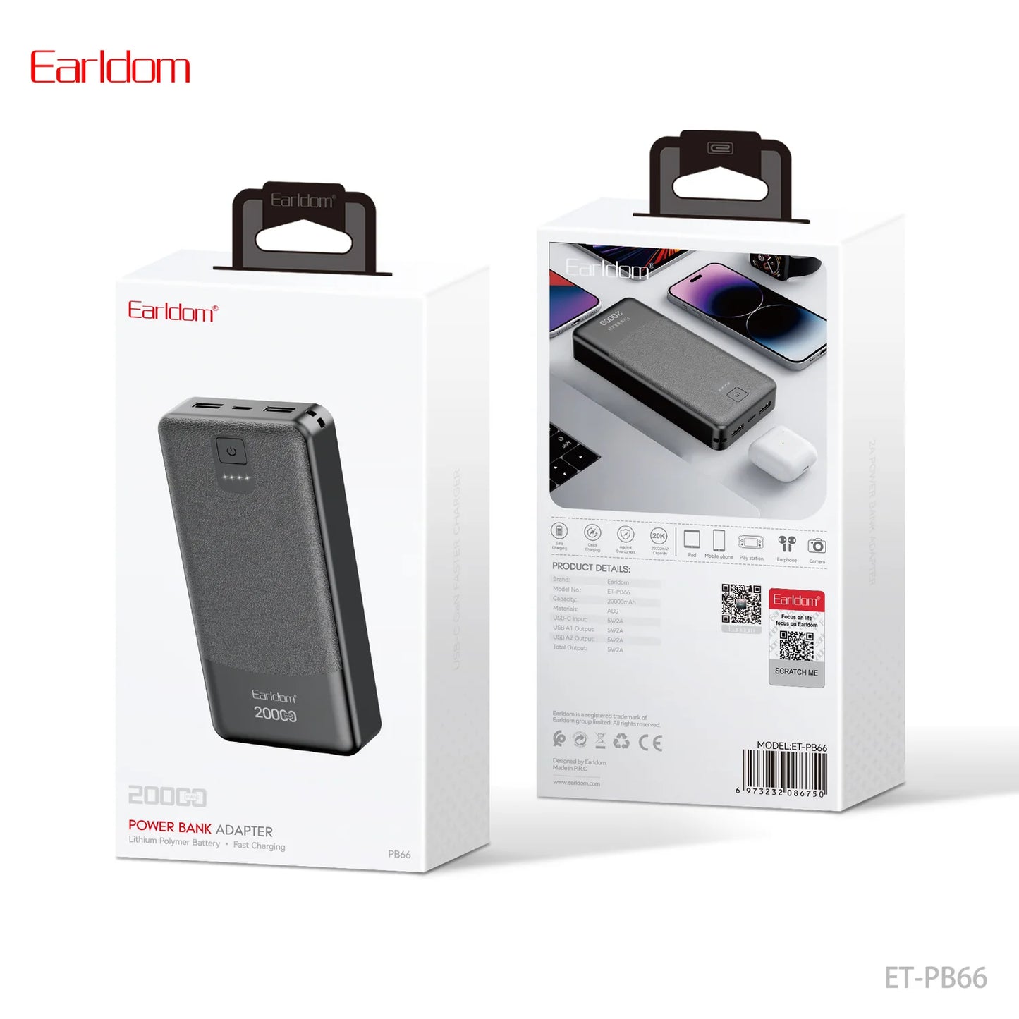 20000mAh Portable Power Bank Fast Charging Adapter | High-Capacity Lithium Polymer External Battery Pack with Multi-USB Ports