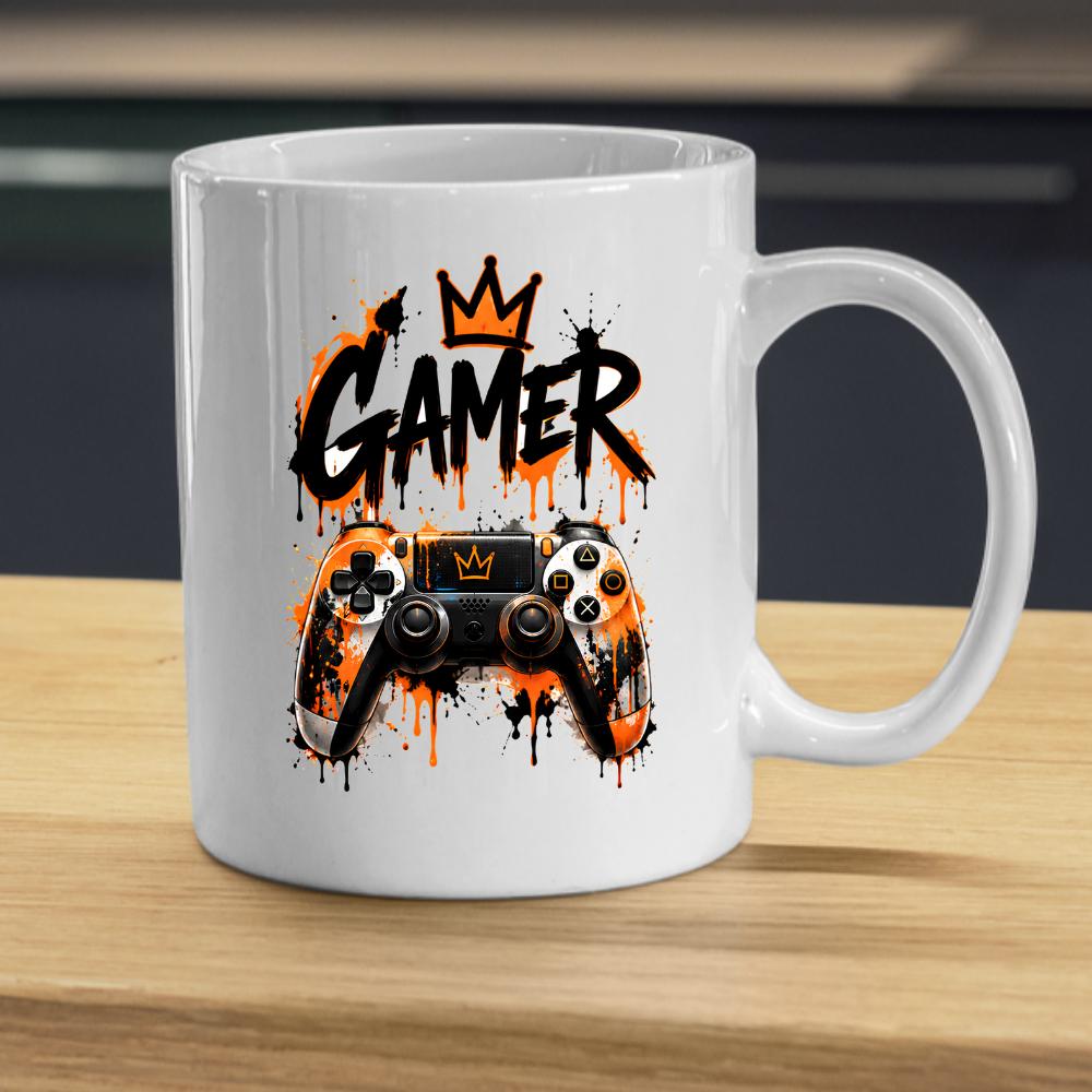 Gaming Mug "Gamer" Gamer 325ml Ceramic Coffee Mug – Gaming Controller Mug with Crown & Orange Paint Splatter Art | Video Game Gift | Fast Dispatch by UK Seller (M3343)
