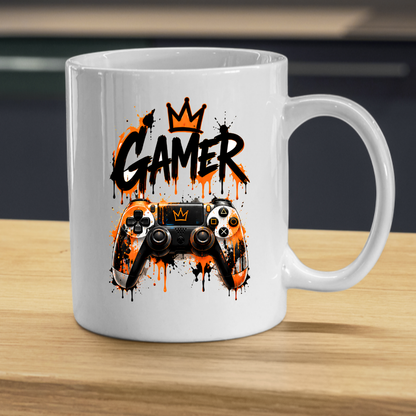 Gaming Mug "Gamer" Gamer 325ml Ceramic Coffee Mug – Gaming Controller Mug with Crown & Orange Paint Splatter Art | Video Game Gift | Fast Dispatch by UK Seller (M3343)